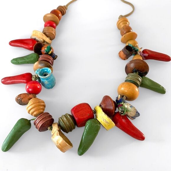 Vintage Mexican Folk Art Clay Wood Necklace - Picture 3 of 9